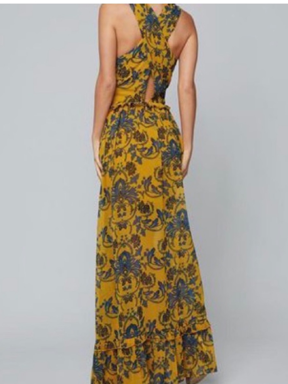 Mustard Yellow Floral Maxi Dress with Cross-Front Detail - Picture 5 of 11